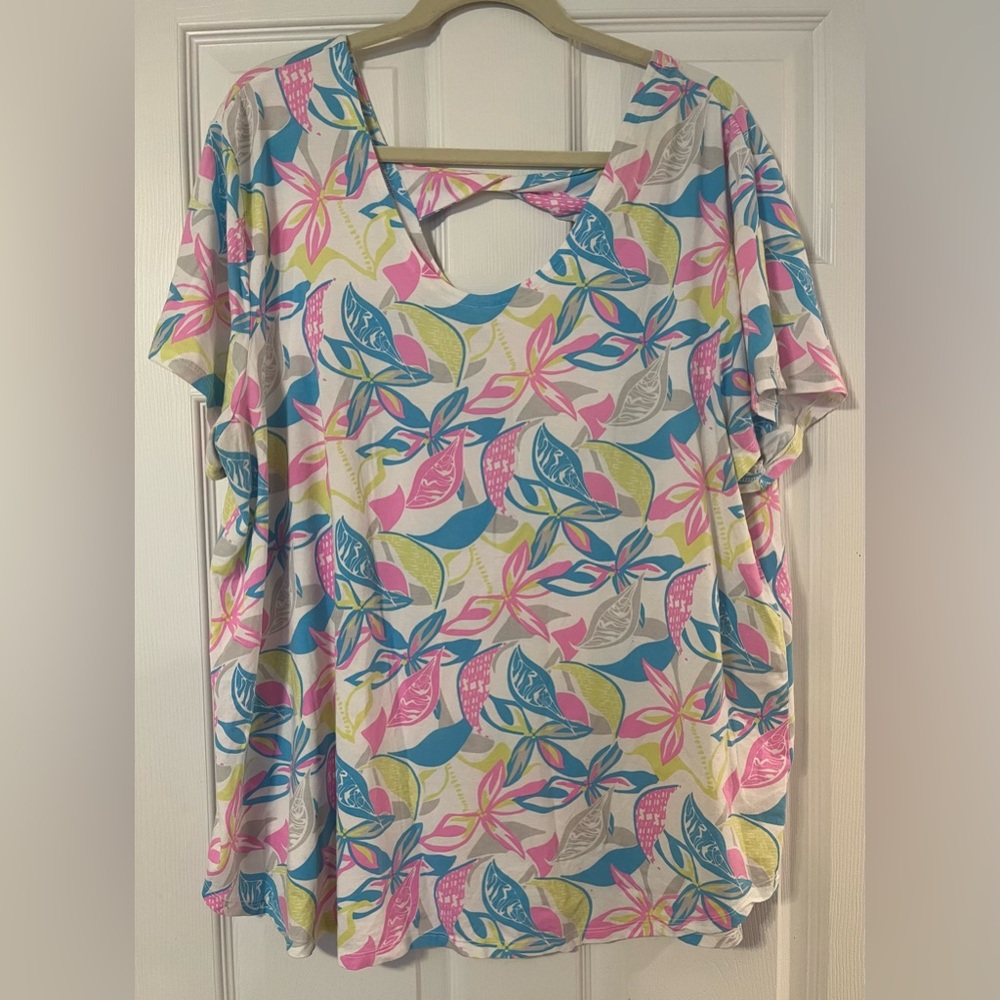 Fresh Produce Plus Size Floral Twist Back Shirt Size 2X pink blue green EUC